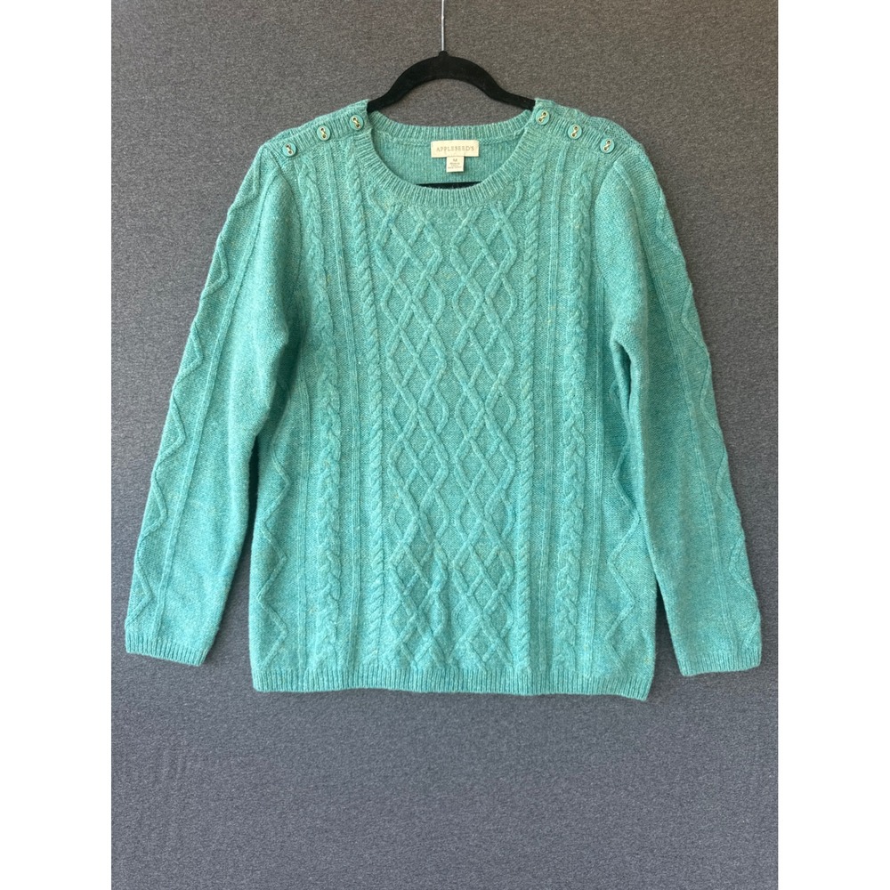Appleseeds Womens Teal Cable Knit 100% Wool Button Shoulder Sweater Medium